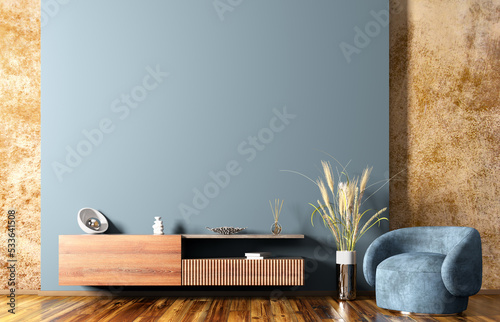 Interior of modern living room with wooden sideboard over blue wall. Contemporary room with  TV stand and armchair. Home design background. 3d rendering photo