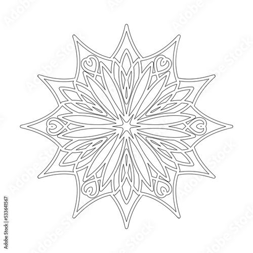 Snowflake, mandala Coloring page. Coloring anti stress book for adult and older children. Black and white vector illustration. Line art design.