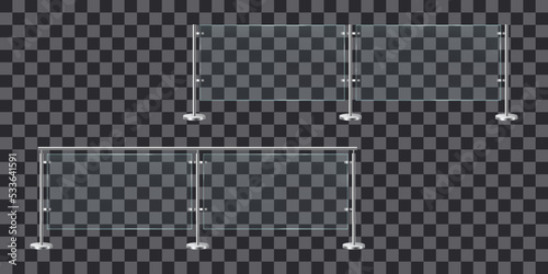 Set of glass balustrade with metal racks. Fencing sections with steel pillars. Realistic vector illustration isolated on transparent background.