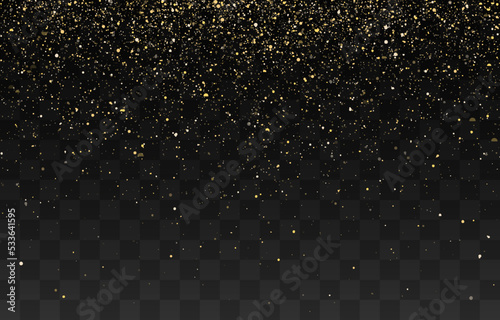 Glitter gold particles shine effect on png background. Vector gold glitter particles effect and texture. Stardust amber particles color on transparent background. Golden explosion of confetti.