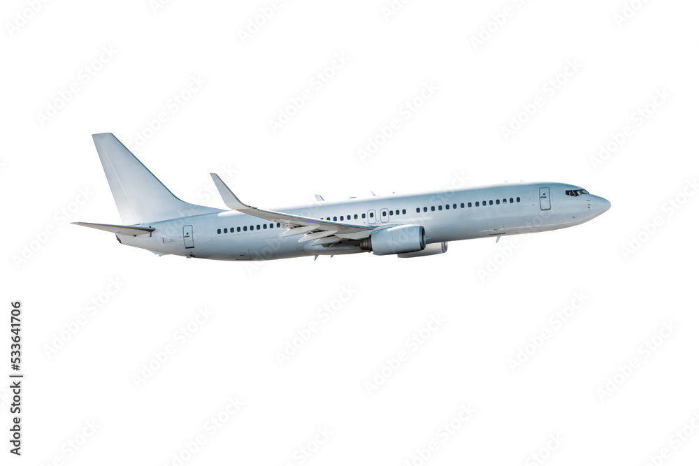 White passenger jet plane flying isolated on transparent background
