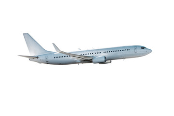 White passenger jet plane flying isolated on transparent background
