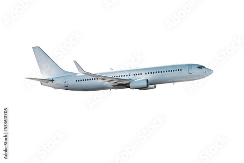 Fényképezés White passenger jet plane flying isolated on transparent background