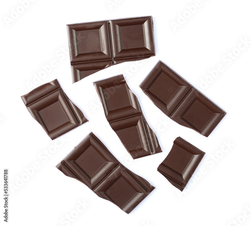 Broken chocolate bar isolated on white background with clipping path 