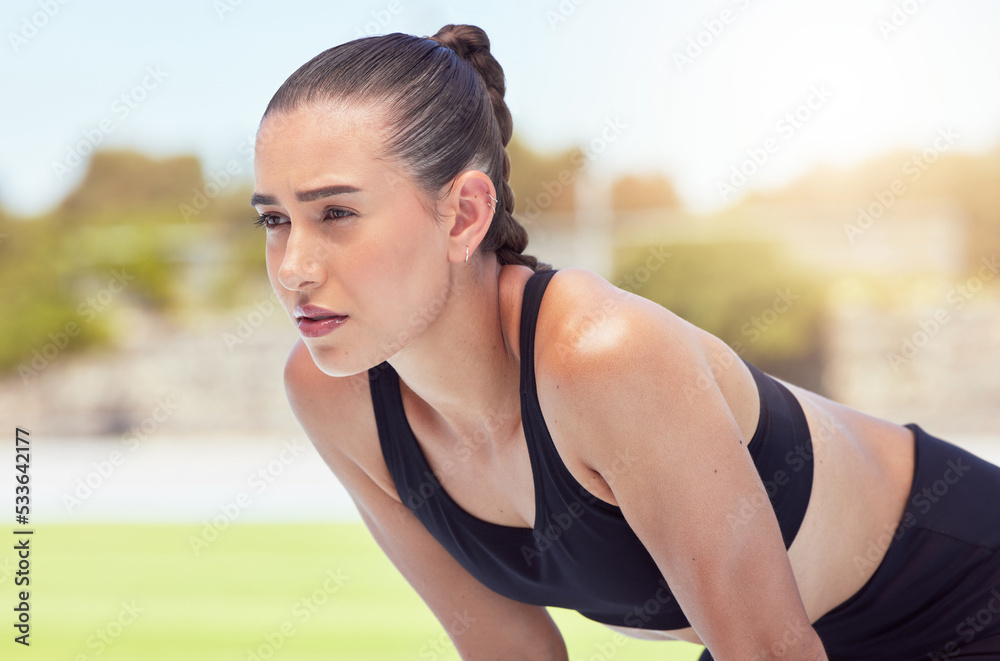 Fitness, health and woman runner at stadium with mindset, vision or goal focus for race, event or sports marathon. Motivation, wellness or sport girl athlete for running workout, exercise or training