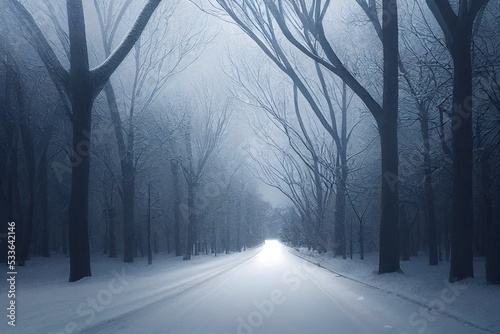 Winter season in a highway through the fog in the forest. Misty weather.