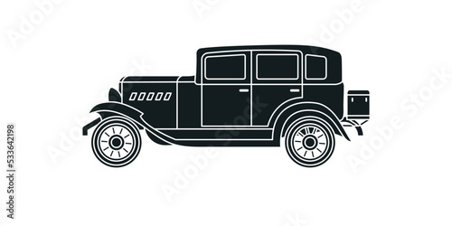 Vintage black old car made in 30s years. Vector flat silhouette illustration in retro style