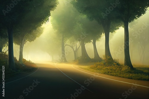 Soft afternoon light in a forest pathway illustration. Mist light, fog.