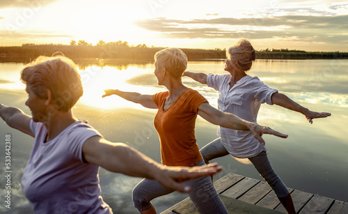 Fotografie, Tablou Group of senior woman doing yoga exercises by the lake.