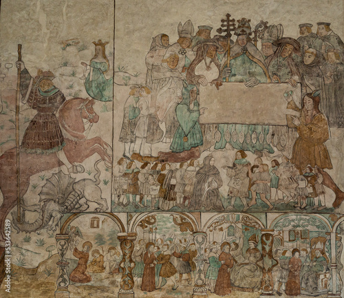 Obraz na płótnie wall-paintings in Brøns church depicting the pope with an empty document w salonie