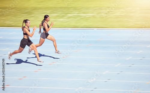 Sports race, running stadium and women with energy for sport event, training fast for win and doing fitness marathon together. Athlete runner with power, mockup and speed in cardio field competition