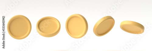 Set of golden coin in different angles isolated on white background. 3D rendering, 3D illustration.