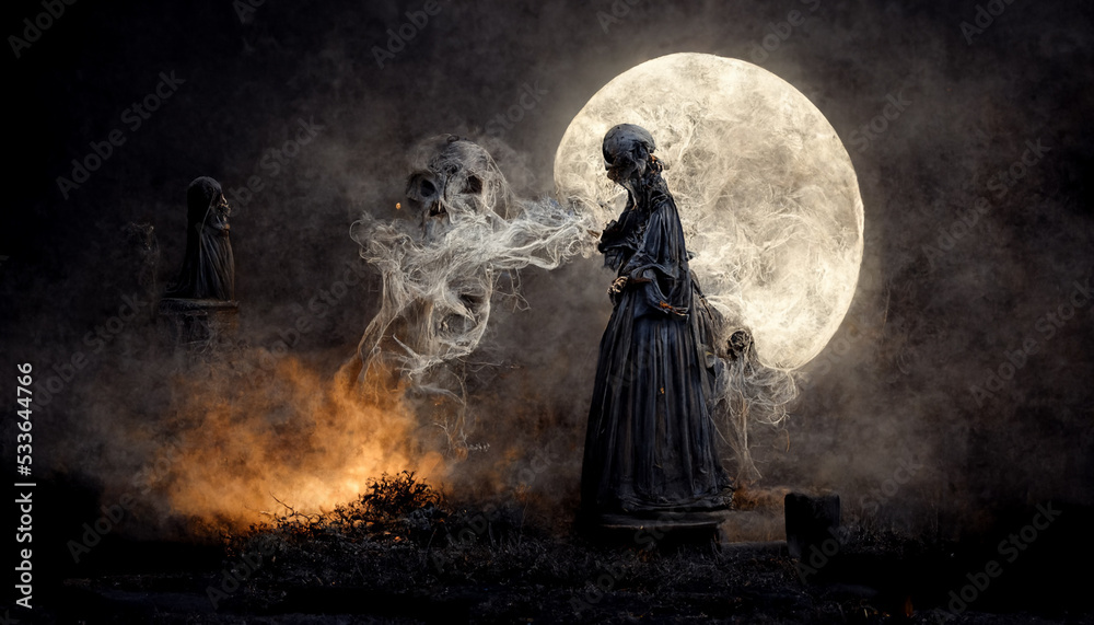 A ghostly figure moving through a misty graveyard the evening. Spooky concept.Digital art