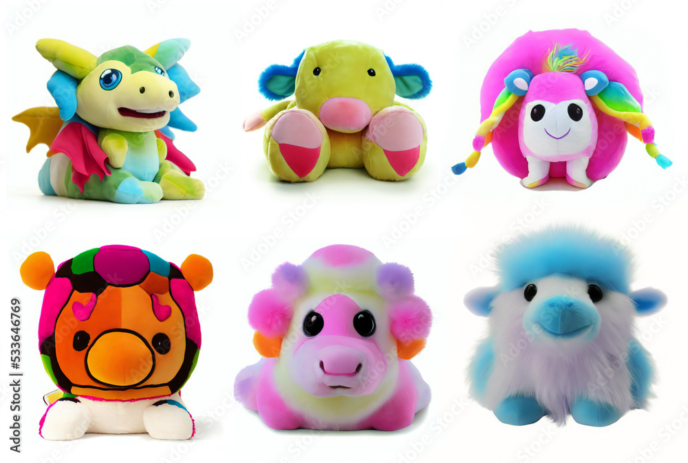 set of cute little fluffy friends, collection of colorful plush toys set of cute little fluffy friends, collection of colorful plush toys