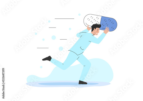 Concept Of Pharmacy, Medicine And Healthcare. Male Character Pharmacist Running From Drugstore With Huge Capsule Pill To Deliver Medicine To Customer. Cartoon Outline Linear Flat Vector Illustration