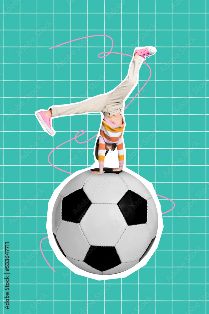 Creative drawing collage picture of active small kid handstand have fun football lesson school day physical training culture playing soccer - obrazy, fototapety, plakaty 