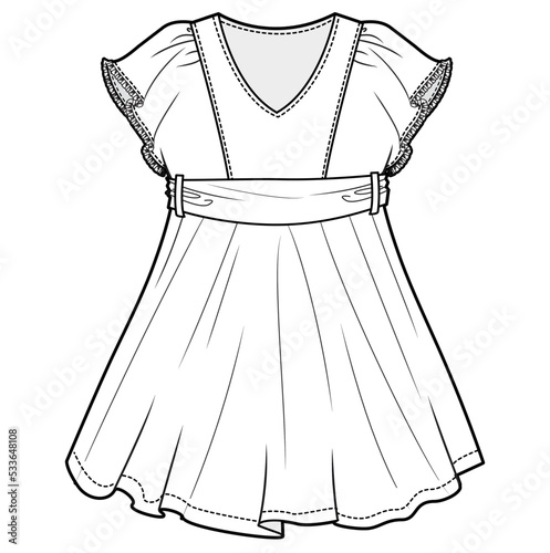 toddler baby girls sleeveless v neck ruffle dress flat sketch vector illustration template. cad mockup.