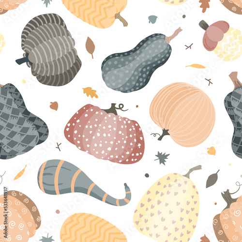 Cute doodle pumpkins seamless pattern. Halloween or Thankgiving day background. Vector illustration.