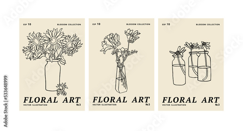 Vector illustration set of ink floral posters with different flowers and vase. Art for for prints, wall art, banner, background.