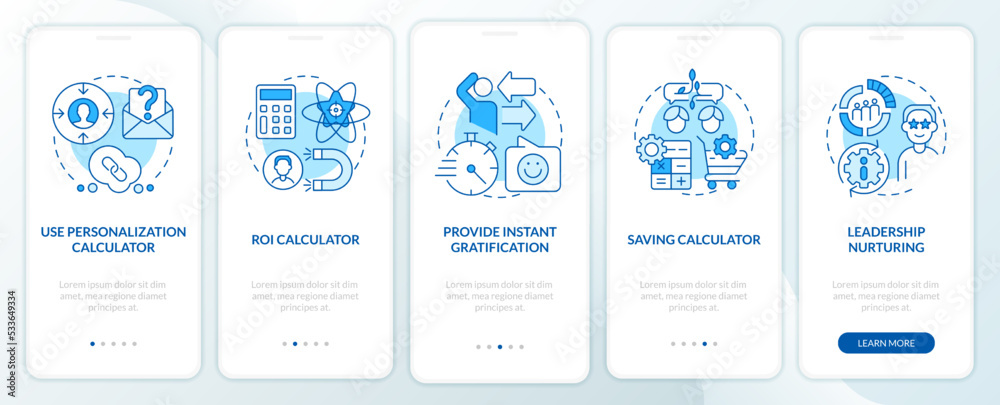 Lead retention blue onboarding mobile app screen. Marketing walkthrough 5 steps editable graphic instructions with linear concepts. UI, UX, GUI template. Myriad Pro-Bold, Regular fonts used