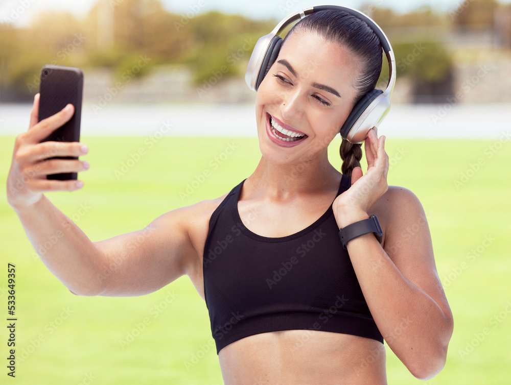 Phone woman and fitness influencer taking a selfie at training