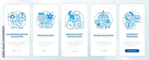 Lead retention blue onboarding mobile app screen. Marketing walkthrough 5 steps editable graphic instructions with linear concepts. UI, UX, GUI template. Myriad Pro-Bold, Regular fonts used