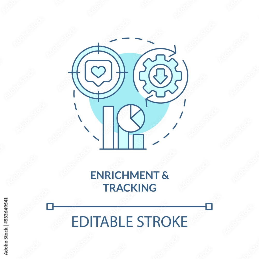 Enrichment and tracking turquoise concept icon. Marketing. Leads management process abstract idea thin line illustration. Isolated outline drawing. Editable stroke. Arial, Myriad Pro-Bold fonts used