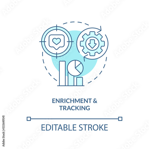 Enrichment and tracking turquoise concept icon. Marketing. Leads management process abstract idea thin line illustration. Isolated outline drawing. Editable stroke. Arial, Myriad Pro-Bold fonts used