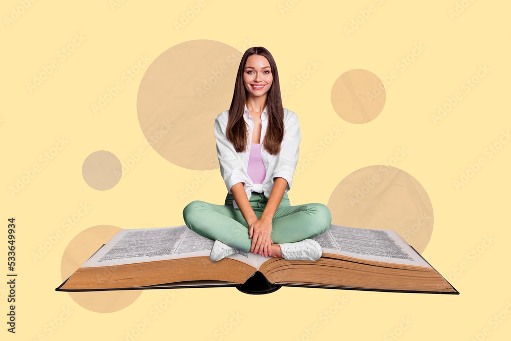 Magazine poster collage of lady sitting big book exam high school materials learning isolated on pastel color background - obrazy, fototapety, plakaty 
