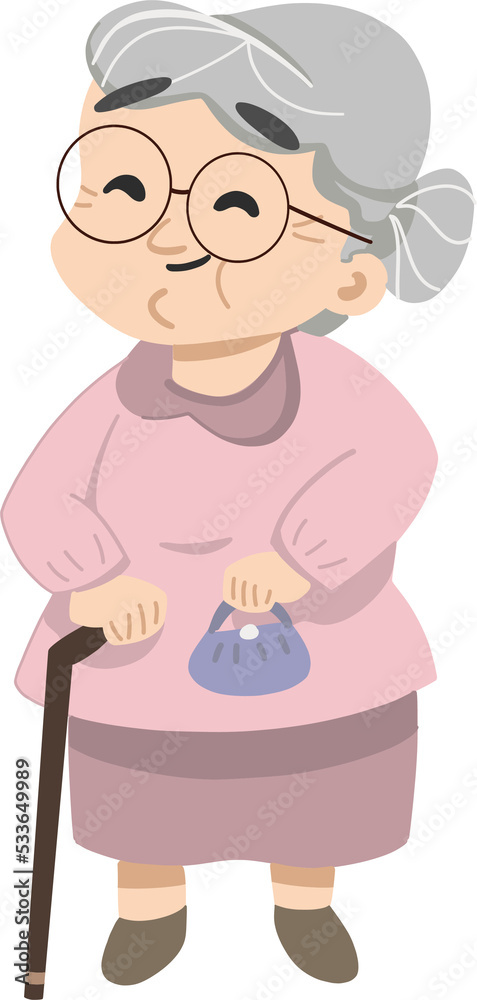 Happy granny or Grand Mother holding purse and walking stick Happy granny or Grand Mother holding purse and walking stick