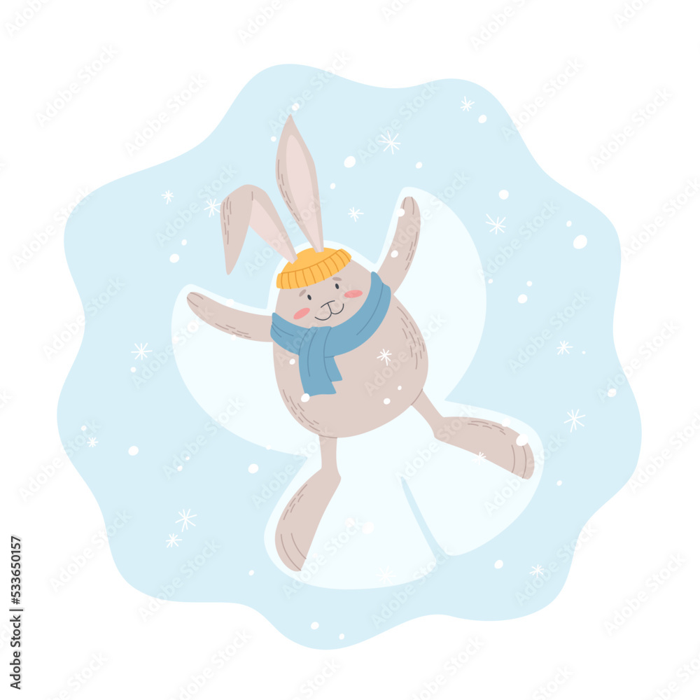 Cute bunny in hat and scarf doing angel silhoette in snow. Holiday Christmas illustration. Year of the Rabbit. Vector illustration Cute bunny in hat and scarf doing angel silhoette in snow. Holiday Christmas illustration. Year of the Rabbit. Vector illustration