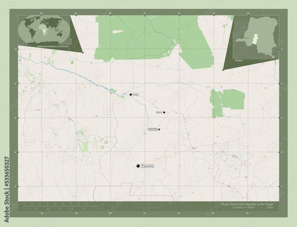 Fototapeta premium Kasai, Democratic Republic of the Congo. OSM. Labelled points of cities