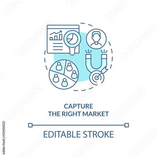 Capture right market turquoise concept icon. Practice of lead conversion abstract idea thin line illustration. Isolated outline drawing. Editable stroke. Arial, Myriad Pro-Bold fonts used