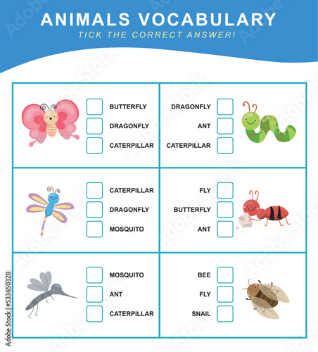 Introduction to insect worksheet for toddlers. tick the correct answer. Worksheet for preschool. English class for toddlers. Educational game for children. Vector file. 