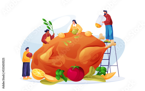 People cook dish of fried bird, vector banner.