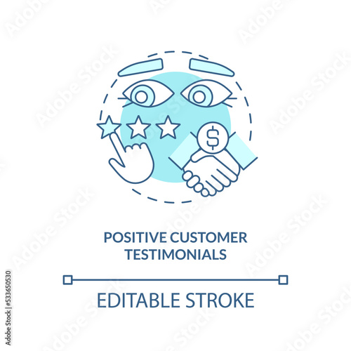 Positive customer testimonials turquoise concept icon. Practice of leads conversion abstract idea thin line illustration. Isolated outline drawing. Editable stroke. Arial, Myriad Pro-Bold fonts used