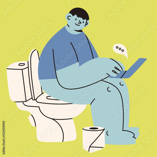 Young man sitting on a toilet bowl in restroom, pooping. Cute funny character typing on a laptop. Daily hygiene routine. Hand drawn Vector illustration. Cartoon style. Working from home concept