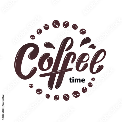 Coffee time logo. Hand lettering,  brown letters with coffee drops in a circle of coffee beans. Stamp.Vector illustration for cafe bar shop menu. Coffee Menu set sticker banner ads sticker logotype.