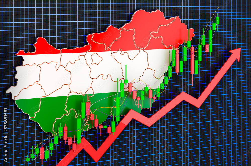 Economic growth in Hungary, uptrend market, concept. 3D rendering Economic growth in Hungary, uptrend market, concept. 3D rendering