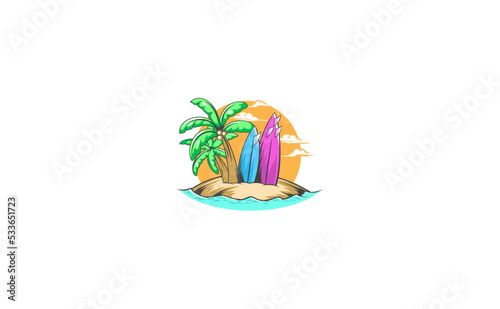Surf time for happiness. Vector logo illustration of beach, palm, coconut, surfboard.