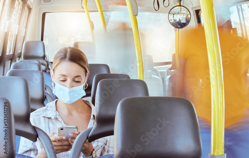 Bus travel, covid woman and phone typing for social media, reading notification and 5g online mobile tech in transport journey. Young girl face mask rules, corona virus safety and smartphone on train