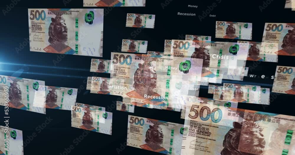 Hong Kong Dollar 500 HKD banknote loop. Flying between transparent money Hong Kong note. 3D seamless looped abstract concept of business, economy, finance, crisis and banking. Hong Kong Dollar 500 HKD banknote loop. Flying between transparent money Hong Kong note. 3D seamless looped abstract concept of business, economy, finance, crisis and banking.