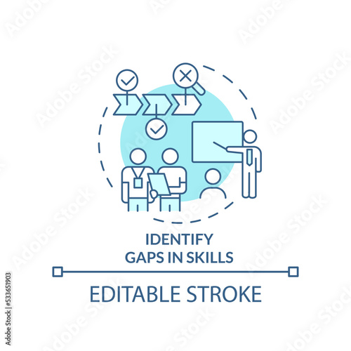 Identify gaps in skills turquoise concept icon. Mentoring relationship goal abstract idea thin line illustration. Isolated outline drawing. Editable stroke. Arial, Myriad Pro-Bold fonts used