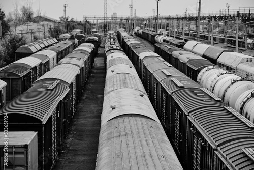 Freight railway cars at railway station.Freight cars top view.Concept of industry and industrial. © freeman83
