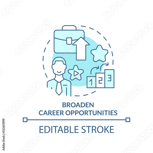 Broaden career opportunities turquoise concept icon. Mentoring relationship benefit abstract idea thin line illustration. Isolated outline drawing. Editable stroke. Arial, Myriad Pro-Bold fonts used