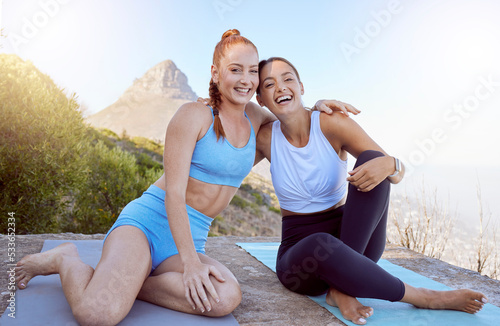 Relax, girl friends and yoga portrait on mountain for peace and tranquility exercise in nature. Friendship wellness, fitness and meditation training together for calm mindset with girlfriends.