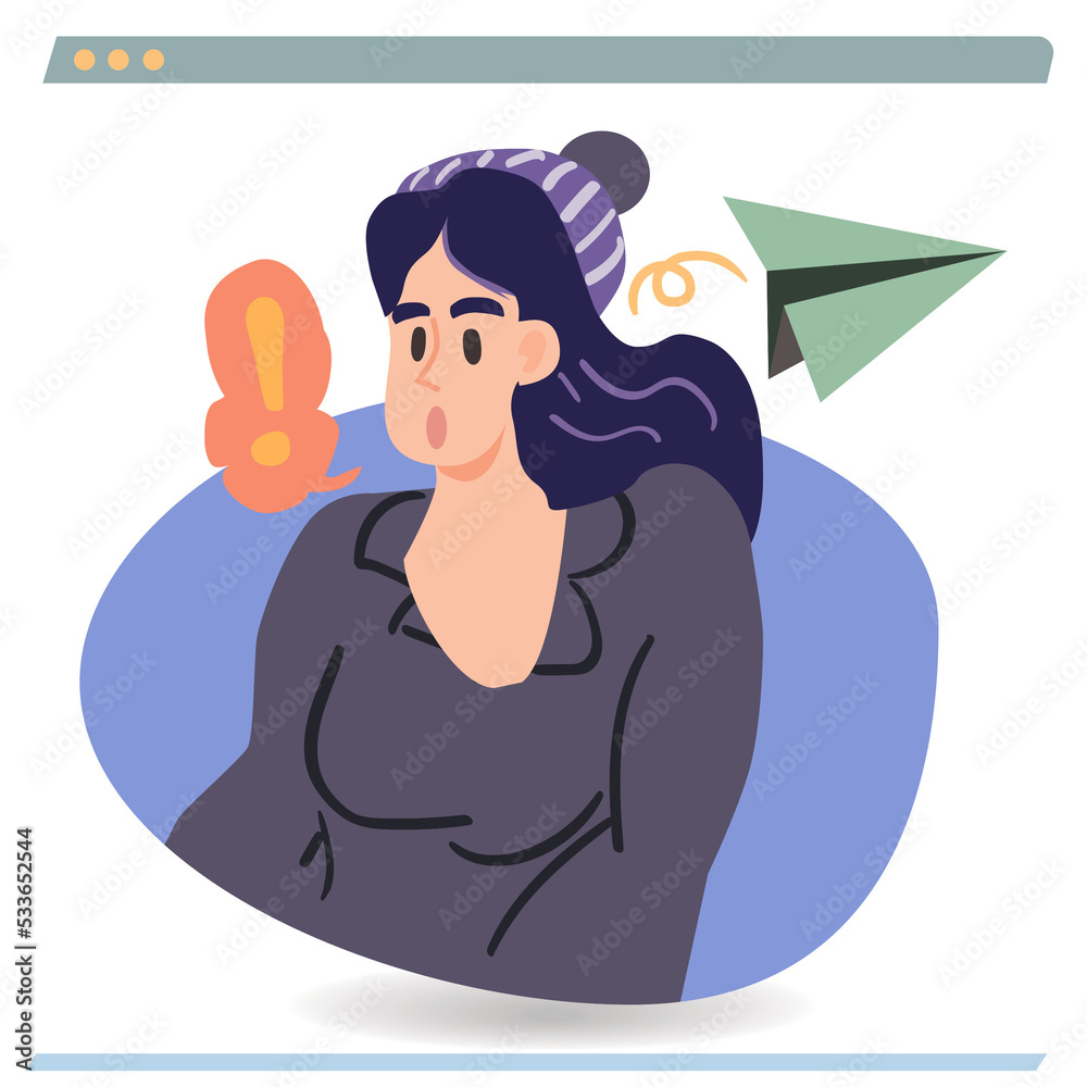 Social media girl chatting online with exclamation marks Social media girl chatting online with exclamation marks