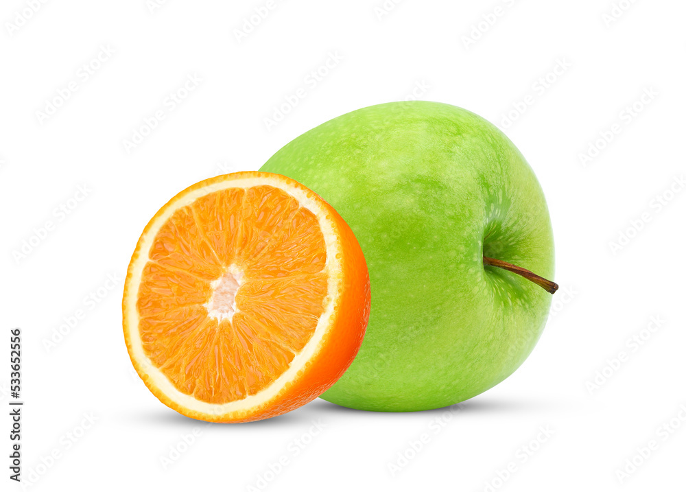 Orange and green apple isolated on white background. Orange and green apple isolated on white background.