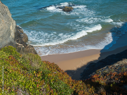 Canvas Print Praia das Furnas sand beach with view over the Mira river to Vila Nova de Milfontes, wild Rota Vicentina Coast Natural Park Portugal