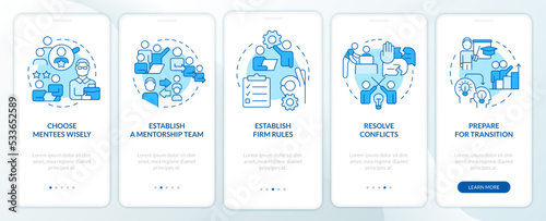 Coaching tips blue onboarding mobile app screen. Resolve conflicts walkthrough 5 steps editable graphic instructions with linear concepts. UI, UX, GUI template. Myriad Pro-Bold, Regular fonts used